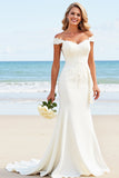 Vestido de novia largo de satén con hombros descubiertos sirena blanca con encaje