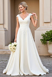 Vestido de novia largo de satén con escote en V y escote en V marfil