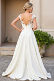 Vestido de novia largo de satén con escote en V y escote en V marfil