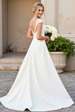 Vestido de novia largo de satén con escote en V y escote en V marfil