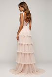 Vestido de fiesta de tul escalonado con cuello en V Candy Pink A Line