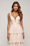Vestido de fiesta de tul escalonado con cuello en V Candy Pink A Line