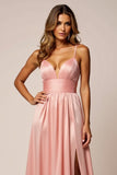 Vestido de fiesta de satén con tirantes de espagueti de color rosa rubor