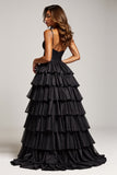Vestido de fiesta de satén plisado con tirantes finos de línea A negro