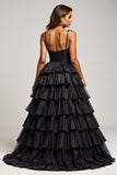 Vestido de fiesta de satén plisado con tirantes finos de línea A negro