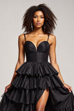 Vestido de fiesta de satén plisado con tirantes finos de línea A negro