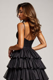 Vestido de fiesta de satén plisado con tirantes finos de línea A negro