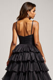 Vestido de fiesta de satén plisado con tirantes finos de línea A negro