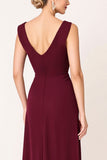 Vestido largo de dama de honor con escote en V burdeos con abertura