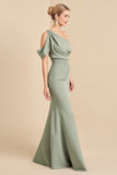 Vestido de dama de honor largo de satén sirena de un hombro matcha
