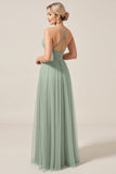 Matcha A-Line Spaghetti Straps Vestido largo de dama de honor de tul fruncido con abertura