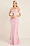 Vestido de dama de honor largo fruncido de tirantes de espagueti sirena sirena rosa caramelo