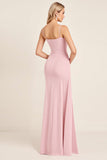Vestido de dama de honor largo fruncido de tirantes de espagueti sirena sirena rosa caramelo