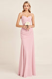 Vestido de dama de honor largo fruncido de tirantes de espagueti sirena sirena rosa caramelo