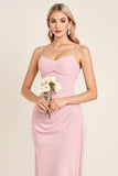 Vestido de dama de honor largo fruncido de tirantes de espagueti sirena sirena rosa caramelo
