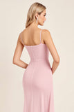 Vestido de dama de honor largo fruncido de tirantes de espagueti sirena sirena rosa caramelo