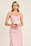 Vestido de dama de honor largo fruncido de tirantes de espagueti sirena sirena rosa caramelo