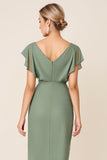 Vestido de dama de honor midi de gasa con volantes y escote en V de eucalipto