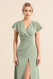 Vaina de matcha con cuello en V con mangas con volantes Vestido largo de dama de honor con abertura