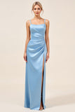 Vestido de dama de honor largo fruncido con tirantes de espagueti azul empolvado con abertura