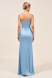 Vestido de dama de honor largo fruncido con tirantes de espagueti azul empolvado con abertura