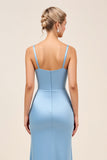 Vestido de dama de honor largo fruncido con tirantes de espagueti azul empolvado con abertura