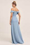 Vestido largo de dama de honor de gasa azul empolvado con abertura