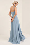 Vestido largo de dama de honor con tirantes de gasa azul cielo de una línea