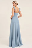 Vestido largo de dama de honor con tirantes de gasa azul cielo de una línea