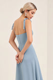 Vestido largo de dama de honor con tirantes de gasa azul cielo de una línea