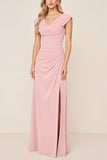 Vestido largo de dama de honor con cuello de campana de gasa rosa caramelo con abertura