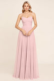 Vestido largo de dama de honor con tirantes de espagueti de gasa rosa caramelo de una línea