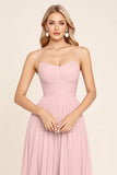 Vestido largo de dama de honor con tirantes de espagueti de gasa rosa caramelo de una línea