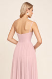 Vestido largo de dama de honor con tirantes de espagueti de gasa rosa caramelo de una línea
