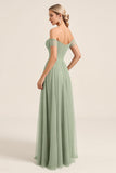 Matcha Chiffon A Line Off The Shoulder Vestido Largo De Dama de Honor Con Abertura