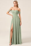 Matcha Chiffon A Line Off The Shoulder Vestido Largo De Dama de Honor Con Abertura