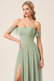 Matcha Chiffon A Line Off The Shoulder Vestido Largo De Dama de Honor Con Abertura