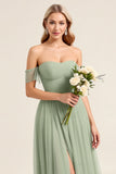 Matcha Chiffon A Line Off The Shoulder Vestido Largo De Dama de Honor Con Abertura