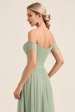 Matcha Chiffon A Line Off The Shoulder Vestido Largo De Dama de Honor Con Abertura