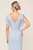 Vestido largo de dama de honor de gasa con escote en V envolvente azul claro