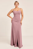 Vestido de dama de honor largo fruncido con correas de espagueti con vaina malva vintage con abertura