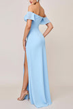 Vestido largo de dama de honor con volante en el hombro azul cielo con abertura