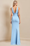 Vaina Vestido largo de dama de honor fruncido azul cielo con abertura