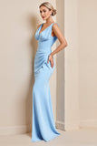 Vaina Vestido largo de dama de honor fruncido azul cielo con abertura