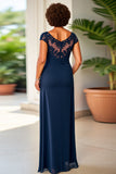 Vaina azul marino con volante de cuello redondo Vestido largo madre de la novia con encaje