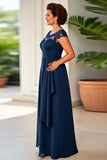 Vaina azul marino con volante de cuello redondo Vestido largo madre de la novia con encaje