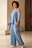Trajes de pantalón de gasa azul empolvado de talla grande madre de la novia