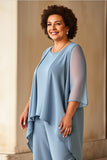 Trajes de pantalón de gasa azul empolvado de talla grande madre de la novia