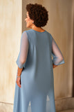 Trajes de pantalón de gasa azul empolvado de talla grande madre de la novia