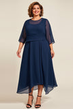 Vestido de Madre De Novia De Gasa Azul Marino A Line De Talla Grande Con Mangas 3/4